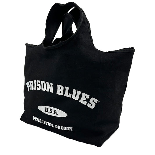 Grocery Bag Black Denim Varsity Logo White
