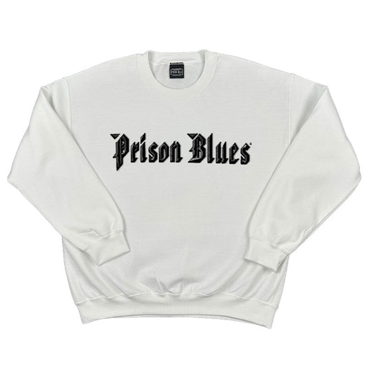 Crew Neck Sweatshirt White w/Black and Brilliant Sliver Metal Logo